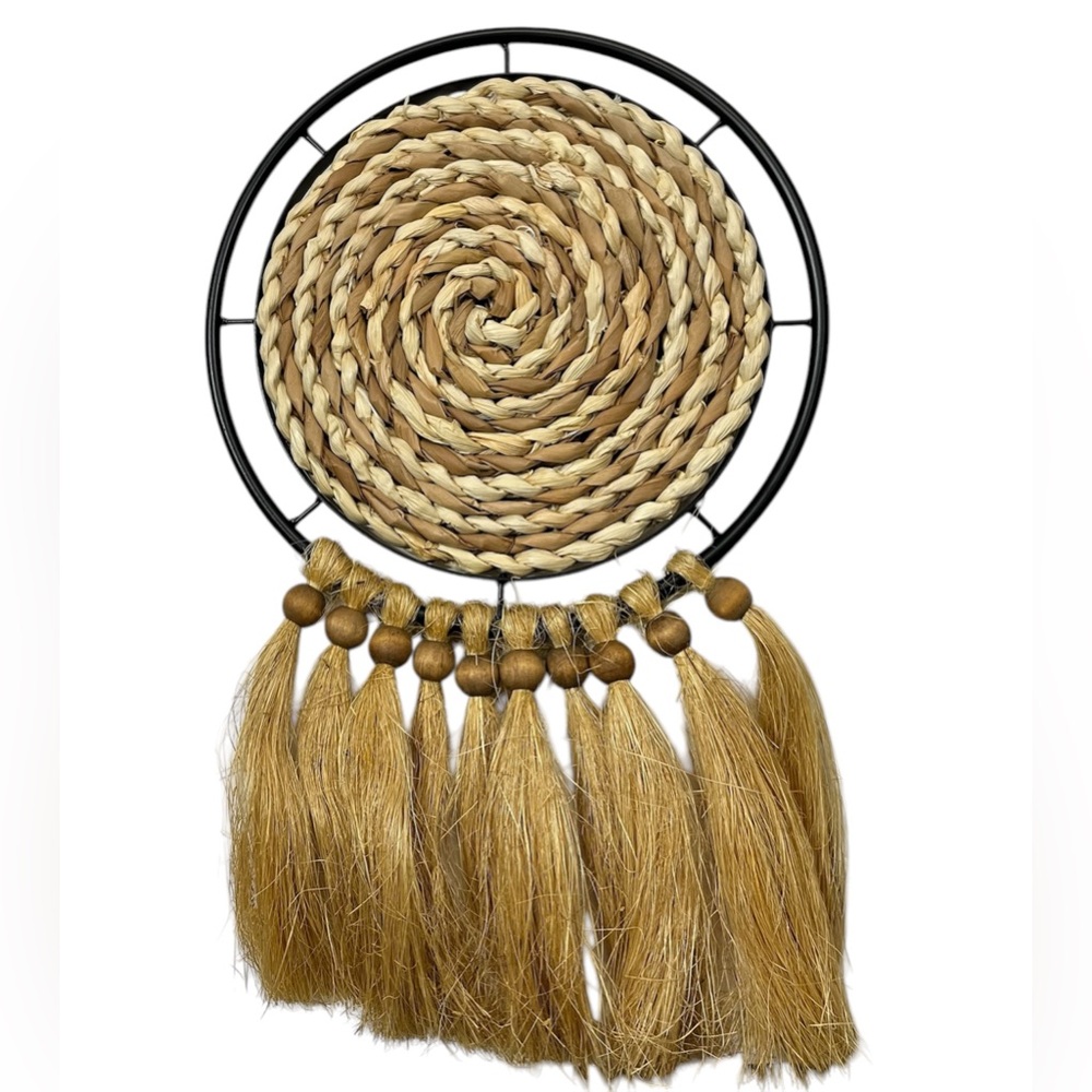 Raffia & Wood Bead Round Wall Basket Wreath - Boho Coastal Farmhouse Decor